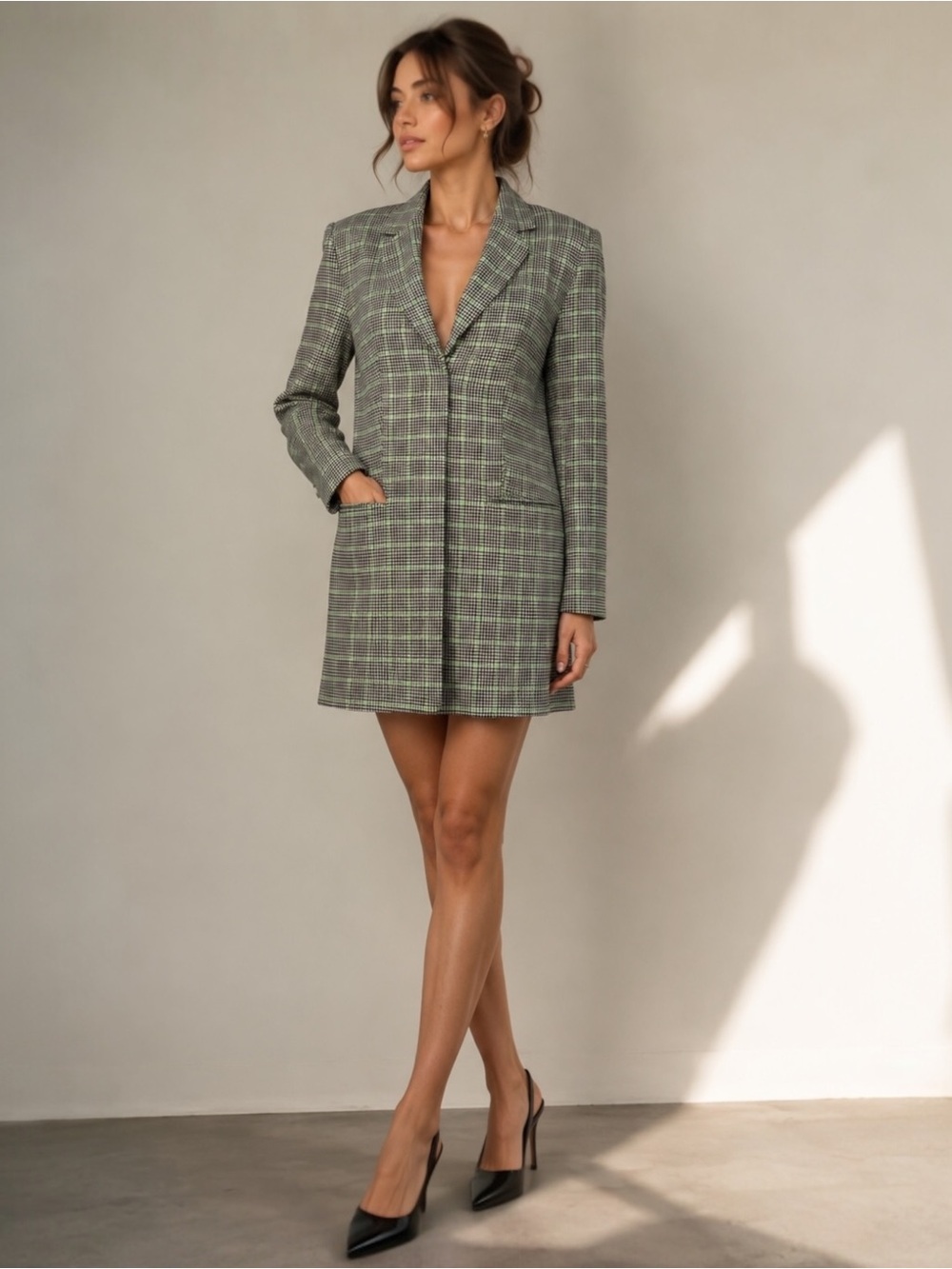 Zara Houndstooth Blazer Dress Green Plaid Tailored Mini Long Sleeve S